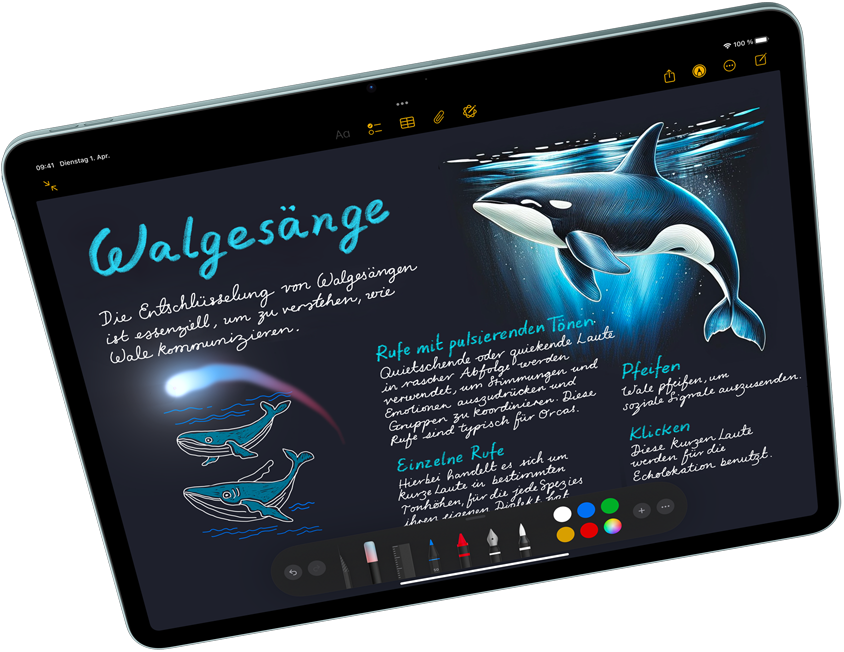 Ein iPad Air im Querformat zeigt Apple Intelligence mit Image Playground und Keynote und ein Apple Pencil Pro