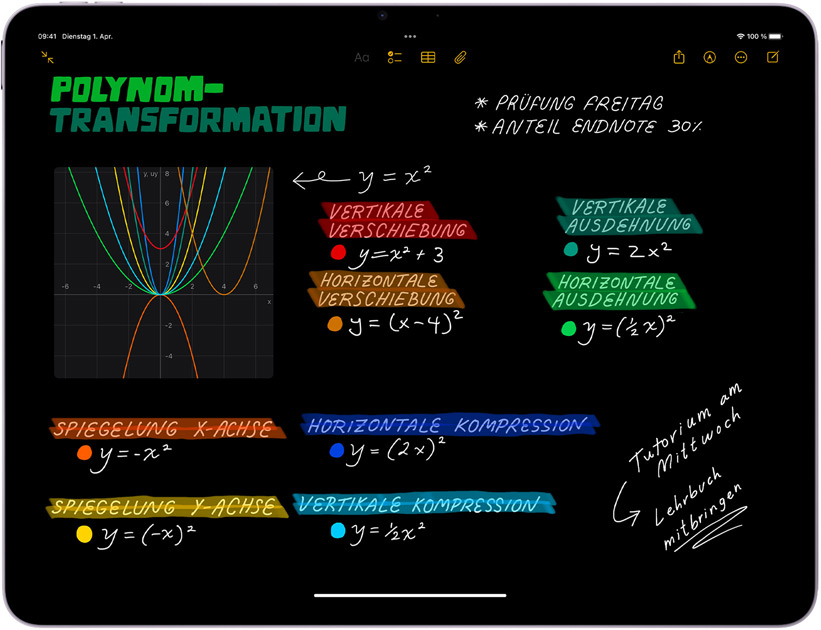 Ein Pad Air im Querformat, der Bildschirm zeigt Mathematische Notizen