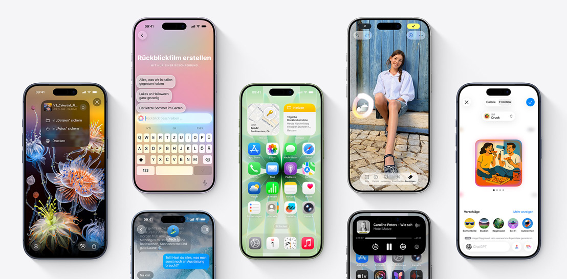 Verschiedene iPhone 17 und 17 Pro Geräte mit jeweils einem anderen Display, das iOS 26 und Apple Intelligence Features zeigt