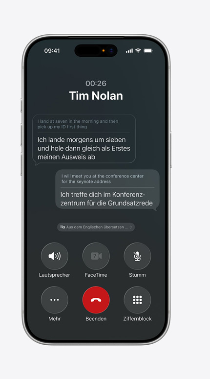 Ein iPhone Display zeigt eine Live Übersetzung an, die eine Nachricht aus dem Deutschen ins Englische übersetzt