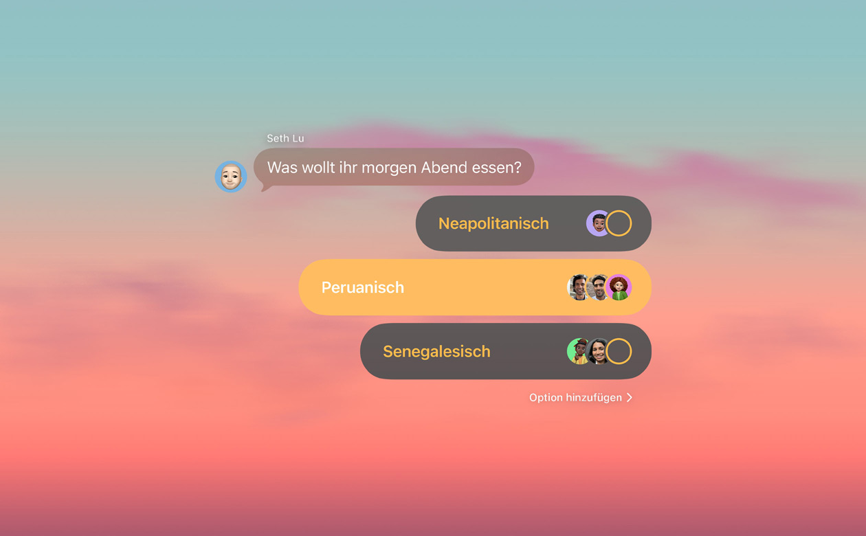 Funktionen für Umfragen und Hintergründe in Nachrichten mit Personen im Gruppenchat, die darüber abstimmen, was sie zum Abendessen möchten