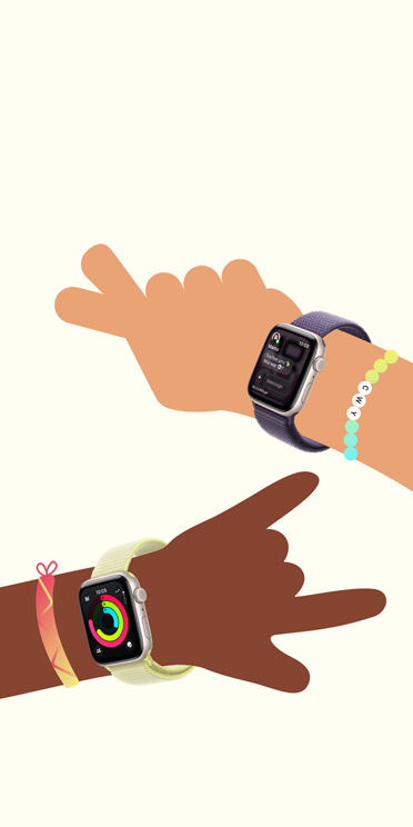 Illustration von zwei Kinderhänden mit einer Apple Watch SE 3