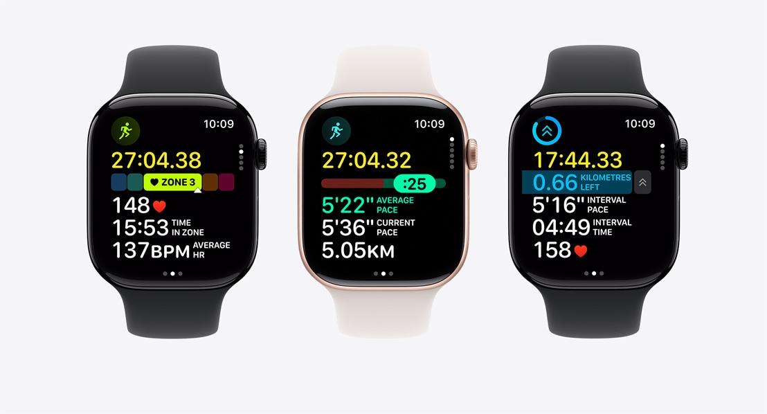 Apple Watch Series 11 devices, aluminum and titanium cases, jet black, rose gold, and natural colors, fitness screens: Heart Rate Zones, Pacer, Custom Workout with intervals, Sport Bands, black, light blush, and stone gray colors