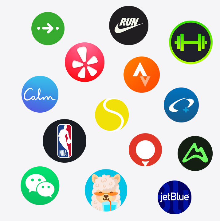 Apple Watch app icons: ChargePoint, Yelp, Nike Run Club, SmartGym, Calm, NBA, SwingVision, Oceanic+, WeChat, Waterllama, Golfshot, JetBlue, AllTrails
