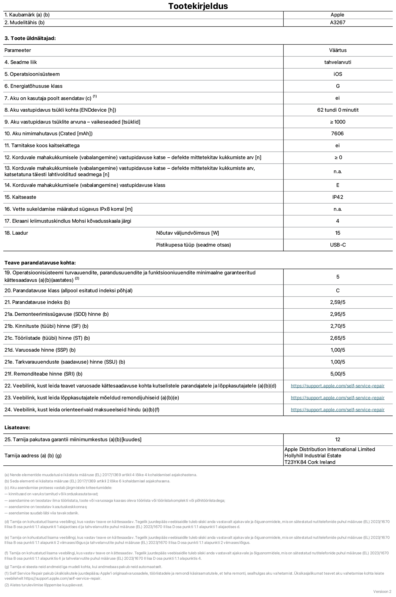 11-tollise iPad Air Wi-Fi pluss Cellular toote infoleht. Mudel A3267. Tarnija on Apple UK Ltd, 100 New Bridge Street, London EC4V 6JA. Seadme tüüp: tahvelarvuti. Operatsioonisüsteem: iOS. Standardse dünaamilise vahemiku energiatõhususklass: G. Aku vastupidavus: 62 tundi. Aku kestvustsüklid – vaikesätted: ≥ 1000. Akumaht: 7606 mAh. Korduv vabalangemise usaldusväärsustest – kukub ilma defektita: ≥ 0. Korduv vabalangemise usaldusväärsusklass: E. Tolmu- ja veekindluse kaitse hinnang: IP42. Ekraani kriimustuskindlus Mohsi kõvaduse skaalal: 4. Laadija nõutav väljundvõimsus: 15W. Laadija tüüp: USB-C. Opsüsteemi turva-, korrektiiv- ja funktsionaalsusvärskenduste minimaalne tagatud saadavus: 5 aastat. Parandatavusklass: C. Parandatavusindeks: 2,59/5. Lahtivõtmise sügavuse hinne: 2,95/5. Kinnitusdetailide (tüüp) hinne: 2,70/5. Tööriistade hinne: 2,65/5. Varuosade hinne: 1,00/5. Tarkvaravärskenduste hinne: 1,00/5. Parandusteabe hinne: 5,00/5. Teave varuosade kättesaadavuse kohta professionaalsetele parandajatele ja lõppkasutajatele: https://support.apple.com/self-service-repair. Parandusjuhised lõppkasutajatele: https://support.apple.com/self-service-repair. Soovituslikud maksueelsed hinnad: https://support.apple.com/self-service-repair. 12-kuune üldgarantii.