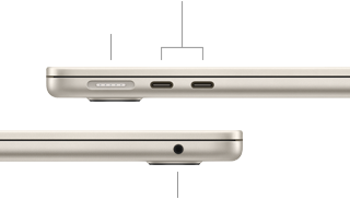 MacBook Air, kinni, vasak külg näitamas MagSafe'i ja kahte Thunderbolt pesa, parem pool näitamas kõrvaklapipesa