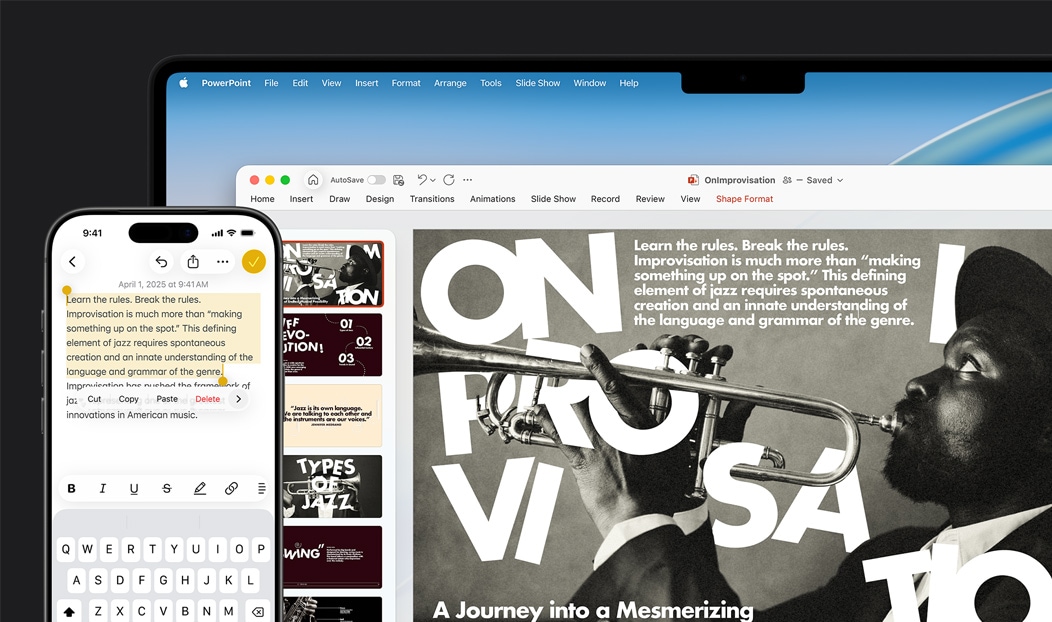 iPhone 16 Plus koos esile tõstetud tekstiga rakenduses Notes, MacBook Pro koos avatud Keynote'i slaidiga, tekst rakendusest Notes on slaidil näha