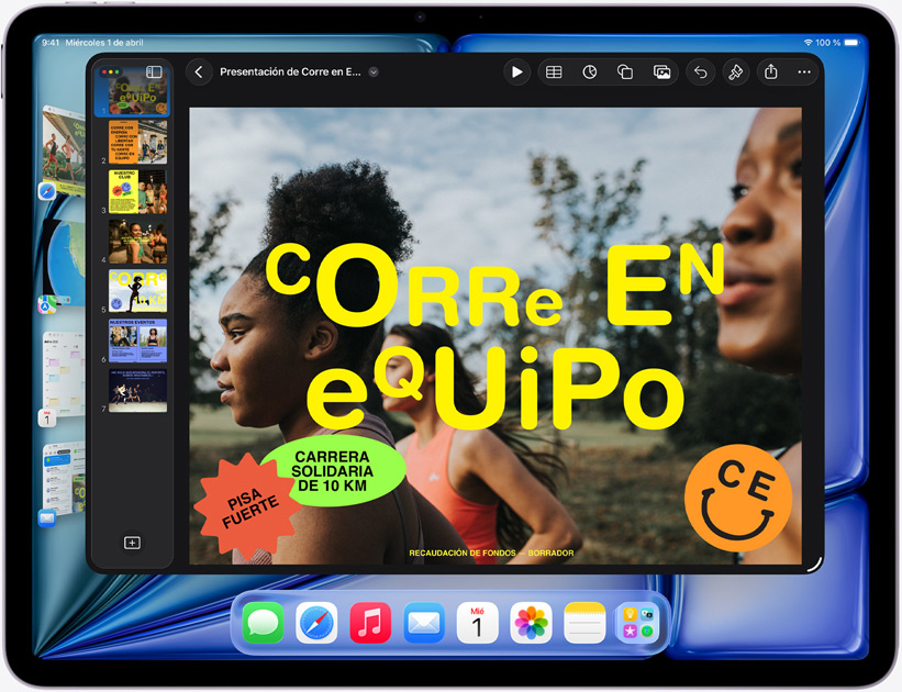 iPad Air, posición horizontal, aparece en pantalla una presentación de Keynote