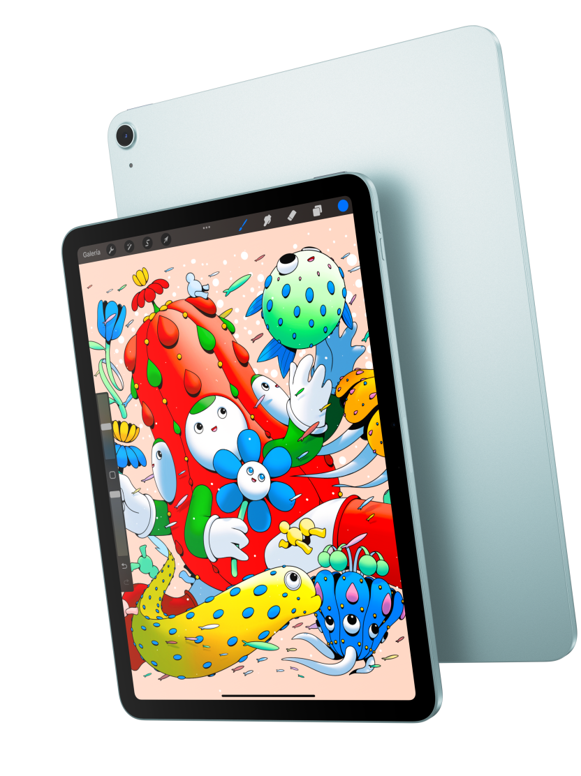 Vista frontal del iPad Air de 11 pulgadas que muestra la app Procreate y se solapa con la vista trasera de un iPad Air azul