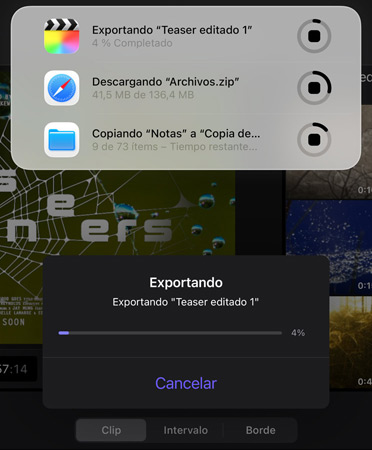 Una lista de actividades en directo que están en curso de forma simultánea: incluyen la exportación de un tráiler, la descarga de archivos grandes y la copia de «Notas» a «Copia de seguridad».