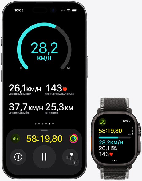 iPhone 17, Apple Watch Ultra 3, app Entreno con datos de fitness en pantalla