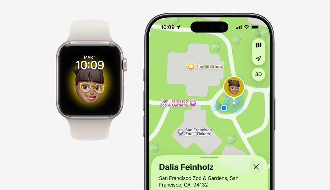 Apple Watch SE 3, Memoji de una peque en pantalla, iPhone 17, app Buscar, ubicación de la peque en el mapa