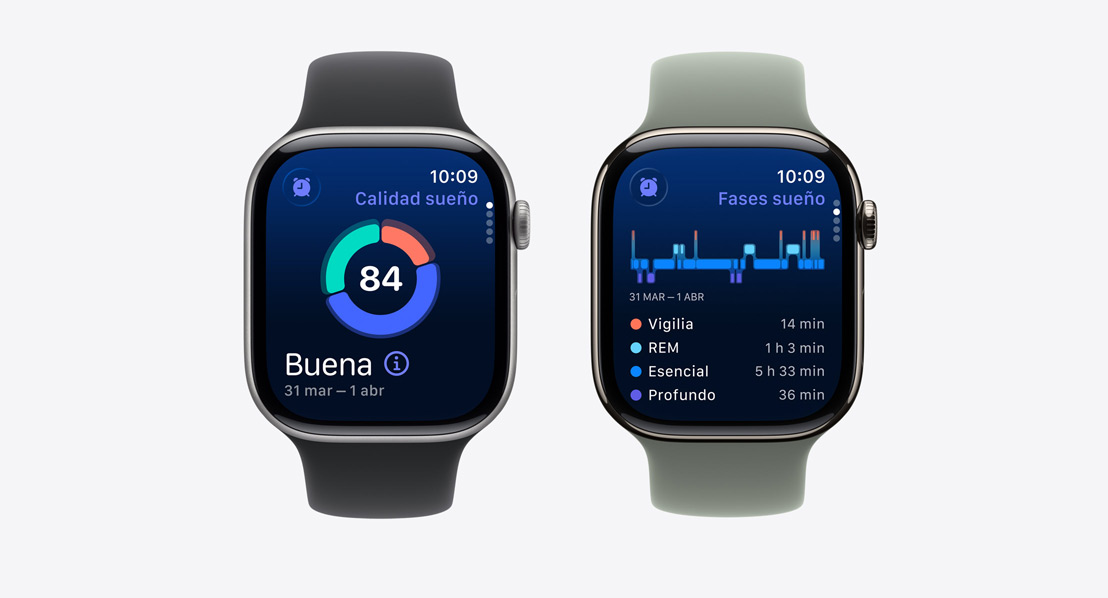 Dos modelos de Apple Watch Series 11, calidad del sueño en pantalla, notificación de posible apnea del sueño