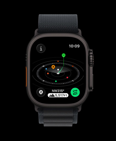 Apple Watch Ultra 3, Farbe Schwarz, Titangehäuse, Kompass App, markierte Wegpunkte, Armband, Alpine Loop Schwarz