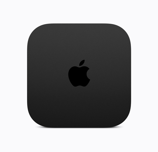 Vista superior de un Apple TV 4K en negro con el logotipo de Apple en negro brillante