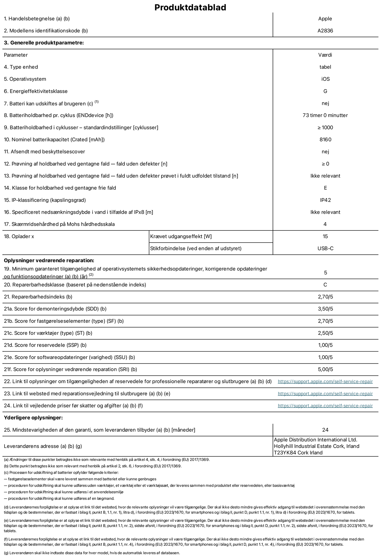 Produktdatablad til 11" iPad Pro Wi-Fi, model A2836. Leveret af Apple Distribution International Ltd, Hollyhill Industrial Estate. Cork, Irland T23 YK84. Enhedstype: tablet. Styresystem: iOS. Energieffektivitetsklasse: G. Batteri kan udskiftes af brugeren: nej. Batteritid: 73 timer. Batterilevetid i cyklusser: ≥ 1000. Nominel batterikapacitet: 8160 mAh. Holdbarhedstest ved gentagne fald – fald uden defekt: ≥ 0. Holdbarhedsklasse ved gentagne fald: E. Kapslingsklasse: IP42. Skærmens ridsefasthed på Mohs' hårdhedsskala: 4. Påkrævet udgangseffekt for oplader: 15 W. Opladerstiktype: USB-C. Garanteret minimumsperiode for tilgængelighed af sikkerhedsopdateringer, fejlrettelser og funktionsopdateringer til styresystemet: 5 år. Reparerbarhedsklasse: C. Reparationsindeks: 2,70/5. Antal point for demonteringsdybde: 3,50/5. Antal point for fastgørelseselementer: 2,70/5. Antal point for værktøj: 2,50/5. Antal point for reservedele: 1,00/5. Antal point for softwareopdateringer: 1,00/5. Antal point for reparationsoplysninger: 5,00/5. Weblink til oplysninger om tilgængeligheden af reservedele for professionelle reparatører og slutbrugere: https://support.apple.com/self-service-repair. Weblink til vejledning i reparation for slutbrugere: https://support.apple.com/self-service-repair. Weblink til vejledende priser før skatter og afgifter: https://support.apple.com/self-service-repair. Produktet er omfattet af 24 måneders garanti.