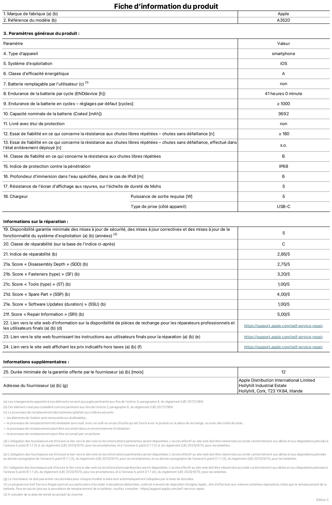 Fiche d’informations produit de l’iPhone 17, modèle A3520. Fournie par Apple Distribution International Limited, Hollyhill Industrial Estate. Cork, T23 YK84, Irlande. Type d’appareil : smartphone. Système d’exploitation : iOS. Classe d’efficacité énergétique : A. Batterie remplaçable par l’utilisateur : non. Endurance de la batterie par cycle : 41 heures. Endurance de la batterie en cycles – réglages par défaut : supérieure ou égale à 1 000. Capacité nominale de la batterie : 3 692 mAh. Livré avec étui de protection : non. Essai de fiabilité en ce qui concerne la résistance aux chutes libres répétées – chutes sans défaillance : supérieur ou égal à 180. Essai de fiabilité en ce qui concerne la résistance aux chutes libres répétées – chutes sans défaillance, effectué dans l’état entièrement déployé : non applicable. Classe de fiabilité en ce qui concerne la résistance aux chutes libres répétées : B. Indice de protection contre la pénétration : IP68. Profondeur d’immersion dans l’eau spécifiée, dans le cas de l’IPx8 : 6 mètres. Résistance de l’écran d’affichage aux rayures, sur l’échelle de dureté de Mohs : 5. Puissance de sortie requise du chargeur : 5 W. Type de prise (côté appareil) : USB‑C. Disponibilité garantie minimale des mises à jour de sécurité, des mises à jour correctives et des mises à jour de la fonctionnalité du système d’exploitation : 5 ans. Classe de réparabilité : C. Indice de réparabilité : 2,82/5. Score pour la profondeur de désassemblage (SDD) : 2,75/5. Score pour les éléments de fixation : 3,20/5. Score pour les outils : 1,00/5. Score pour les pièces de rechange : 4,00/5. Score pour la mise à jour des logiciels : 1,00/5. Score pour les informations concernant la réparation : 5,00/5. Lien vers le site web d’information sur la disponibilité des pièces de rechange pour les réparateurs professionnels et les utilisateurs finals : https://support.apple.com/fr-fr/self-service-repair. Lien vers le site web fournissant les instructions aux utilisateurs finals pour la réparation : https://support.apple.com/fr-fr/self-service-repair. Lien vers le site web affichant les prix indicatifs hors taxes : https://support.apple.com/fr-fr/self-service-repair. Garantie générale de 12 mois offerte.
