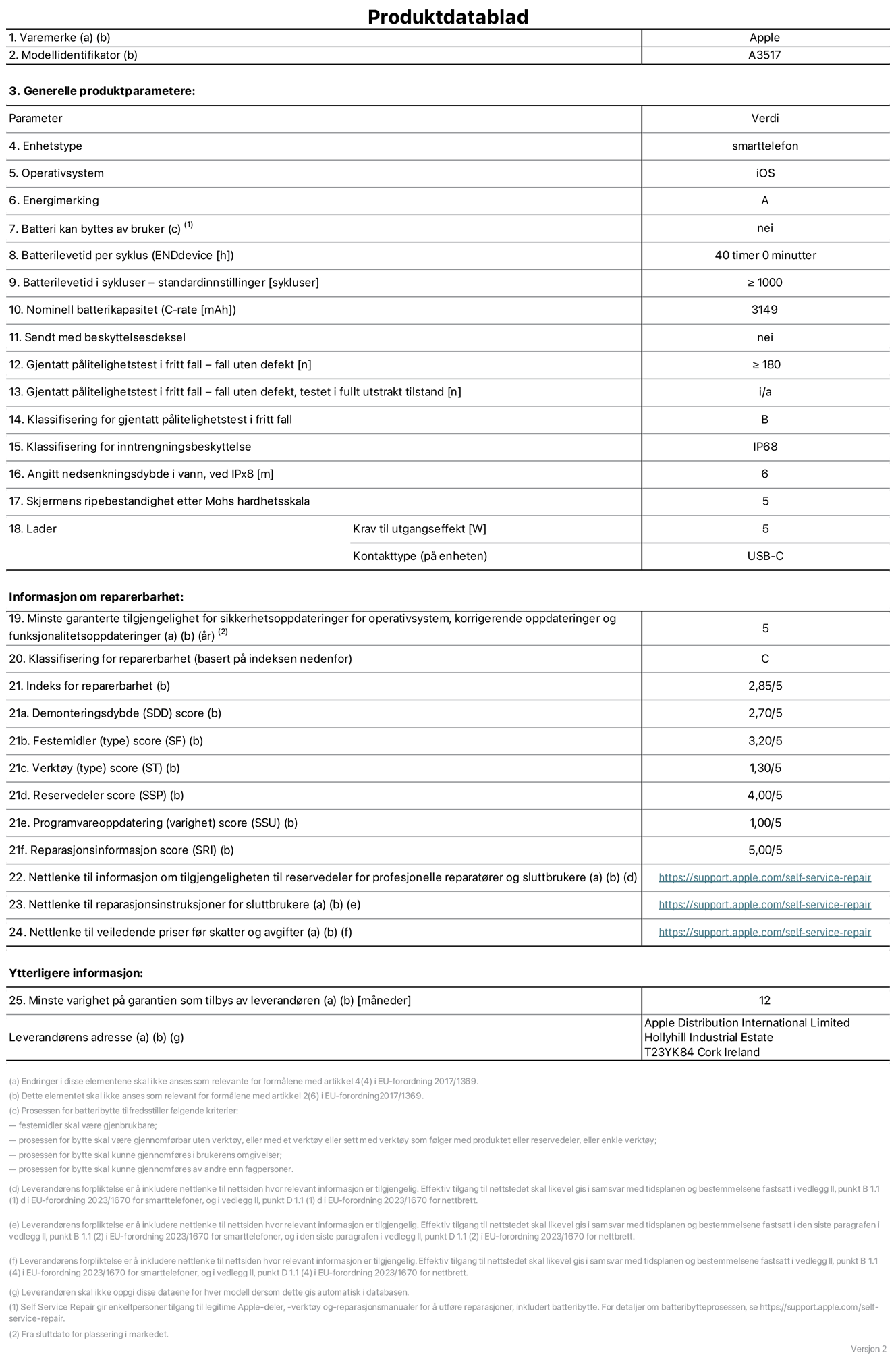 Produktdatablad for iPhone Air – modell  A3517. Levert av Apple Distribution International Limited, Hollyhill Industrial Estate. Cork, Irland, T23 YK84. Enhetstype: smarttelefon. Operativsystem: iOS. Energieffektivitetsklasse: A. Batteriet kan byttes av brukeren: nei. Batteriets holdbarhet per ladesyklus: 40 timer. Batteriets holdbarhet i antall ladesykluser – standardinnstillinger: større enn eller lik 1000. Nominell batterikapasitet: 3149 mAh Leveres med beskyttelsesdeksel: nei. Holdbarhetstest ved gjentatte fall – antall fall uten feil: større enn eller lik 180. Holdbarhetstest ved gjentatte fall – antall fall uten feil i helt utfoldet tilstand: ikke relevant. Holdbarhetsklasse ved gjentatte fall: B. Kapslingsgrad: IP68. Angitt nedsenkingsdybde i vann ved IPx8: 6 meter. Skjermens ripefasthet på Mohs skala: 5. Krav til laderens utgangseffekt: 5 watt. Laderens stikkontakt (på enhetssiden): USB-C. Minstegaranti for tilgang på sikkerhetsoppdateringer, feilrettinger og funksjonsoppdateringer til operativsystemet: 5 år. Reparerbarhetsklasse: C. Reparerbarhetsindeks: 2,85/5. Demontering: 2,70/5. Festeanordninger: 3,20/5. Verktøy: 1,30/5. Reservedeler: 4,00/5. Programvareoppdateringer: 1,00/5. Informasjon om reparasjon: 5,00/5. Lenke til informasjon om tilgjengelighet for reservedeler for profesjonelle reparatører og sluttbrukere: https://support.apple.com/no-no/self-service-repair. Lenke til reparasjonsveiledning for sluttbrukere: https://support.apple.com/no-no/self-service-repair. Lenke til veiledende priser ekskl. mva: https://support.apple.com/no-no/self-service-repair. Produktet omfattes av en 12-måneders generell garanti.