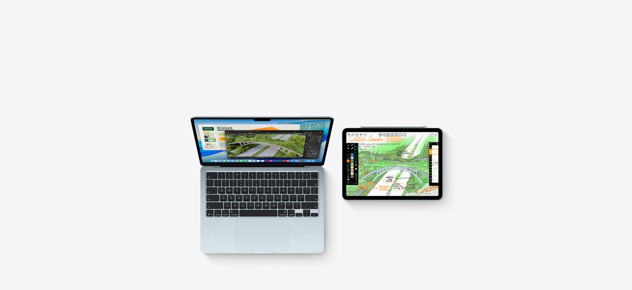 Mac og iPad, skærmen viser studieprojekter på tværs af forskellige apps