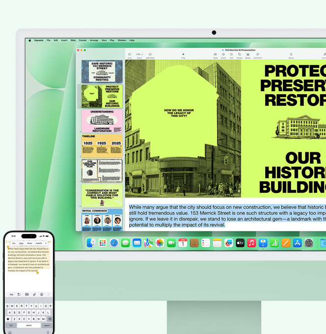 Groene iMac en iPhone naast elkaar. Tekst uit de Notities‑app op iPhone wordt gekopieerd en geplakt op een iMac.