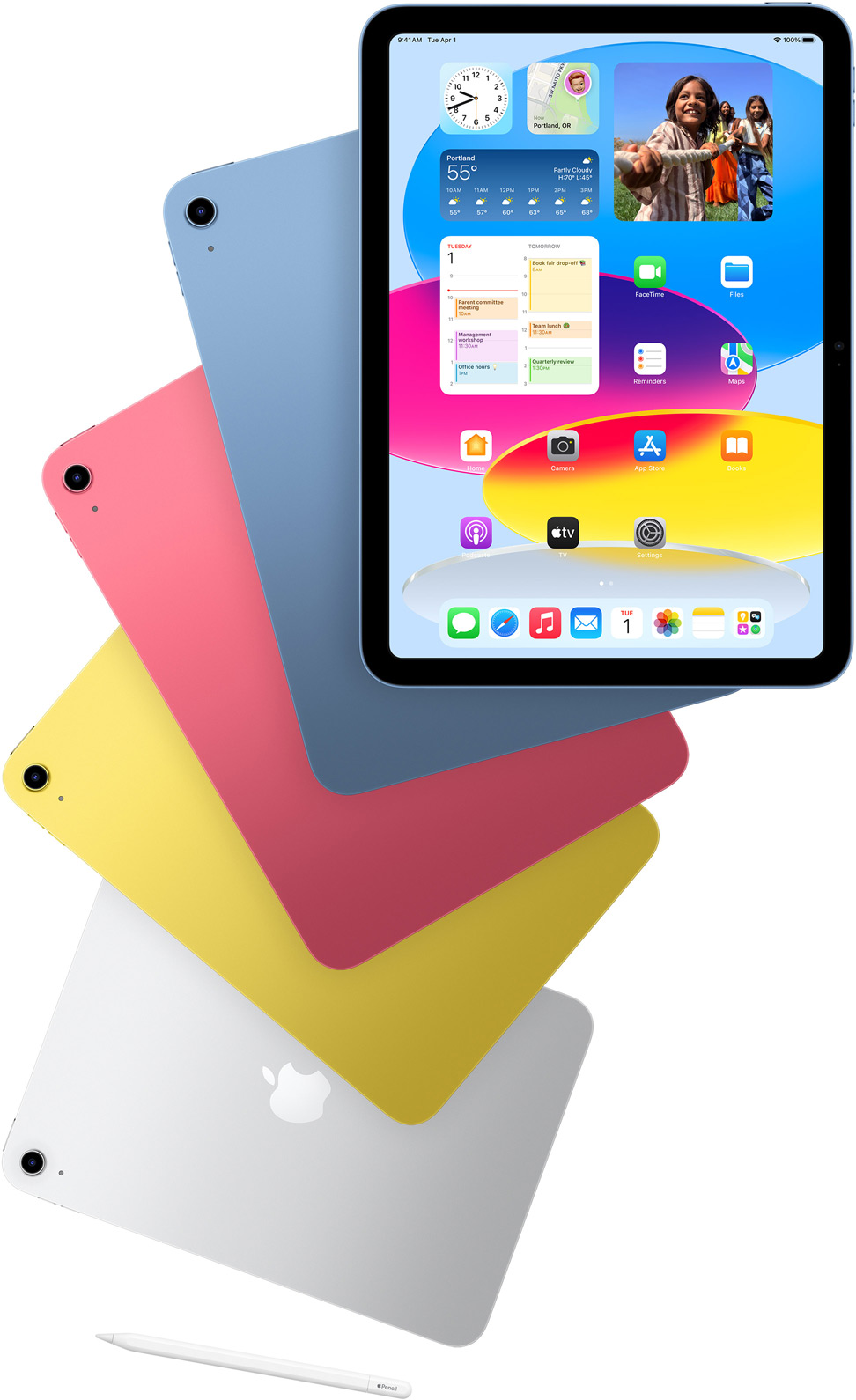Vista frontal do ecrã principal do iPad com outros iPad atrás nas cores azul, rosa, amarelo e prateado. Apple Pencil junto da disposição de modelos de iPad.