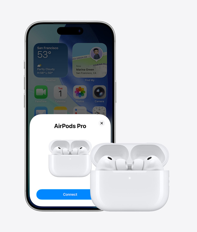 iPhone 17 Pro vist forfra, hjemmeskærm i baggrunden, pop-op-meddelelse om forbindelse til AirPod på skærmen, AirPods ligger i et åbent etui ved siden af iPhone