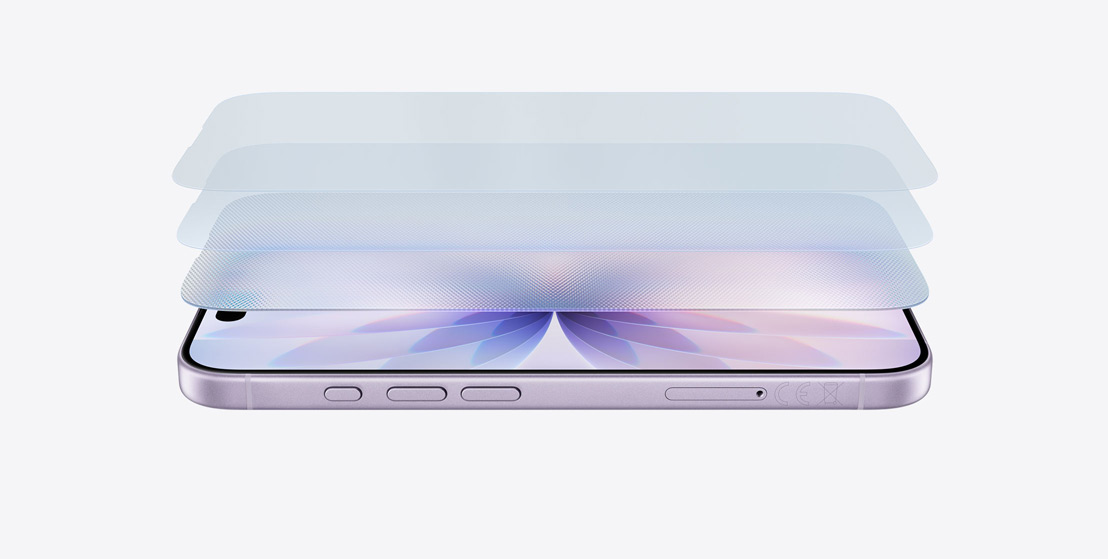 iPhone 17 i farven lavendel ligger vandret, et lagdelt design viser Ceramic Shield 2