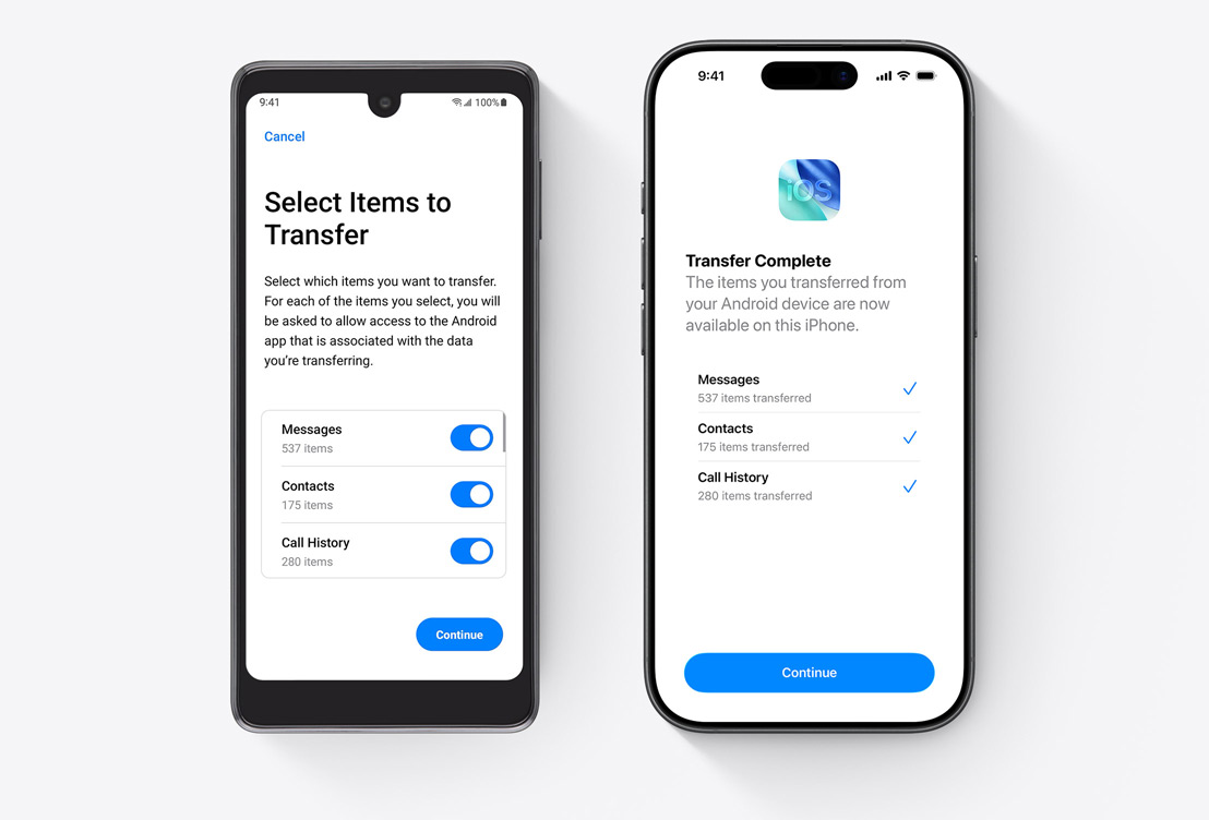 Côte à côte, téléphone Android affichant l’app Migrer vers iOS, iPhone affichant l’app Migrer vers iOS