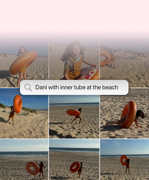 Démonstration d’une fonctionnalité : recherche de photos en langage naturel. Recherche « Katie avec des autocollants sur le visage » dans l’app Photos et résultats associés.