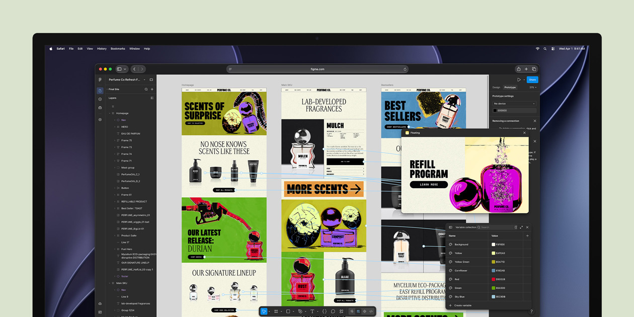 Pantalla de un Studio Display, interfaz de la app Figma, ventana de trabajo con varias ilustraciones digitales