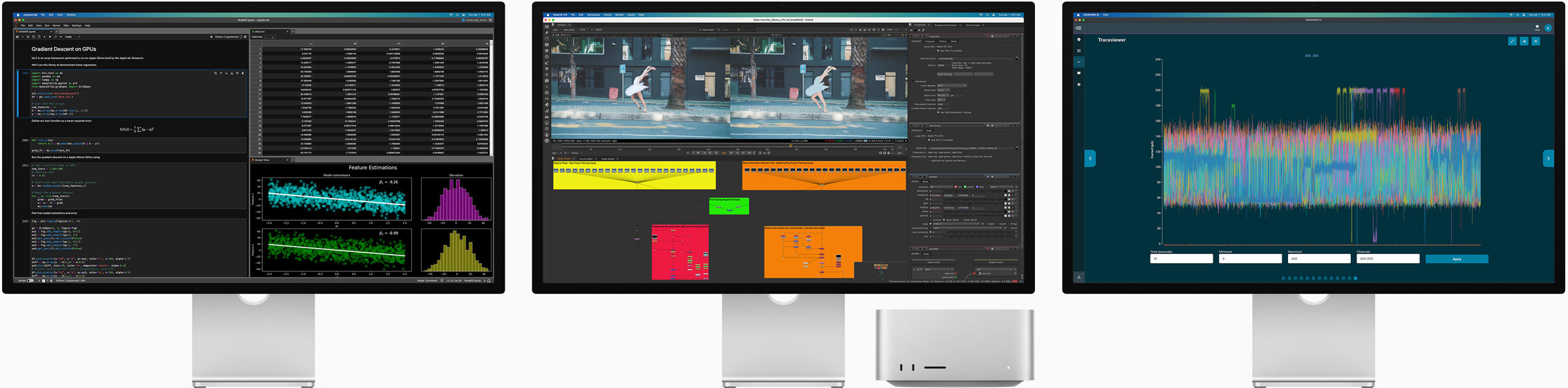 Mac Studio and three Studio Displays, all featuring different macOS apps onscreen
