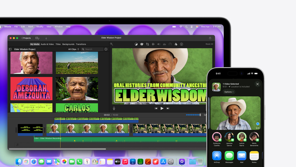 MacBook Neo, silver colour, showing iMovie window titled Elder Wisdom Project, next to iPhone showing video of one of the people pictured in iMovie window, below video is a list of sharing options, including AirDrop