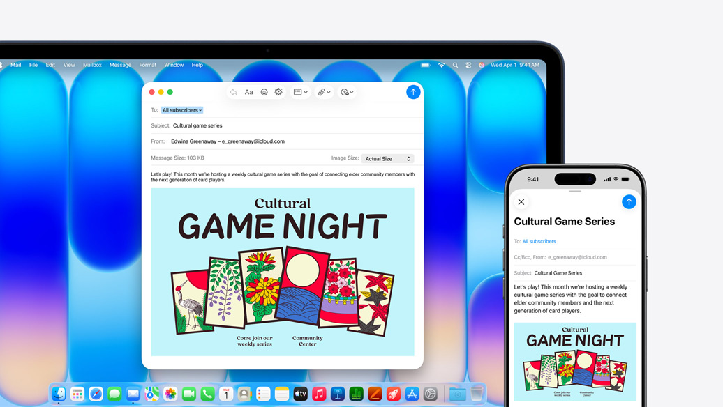 MacBook Neo, indigo colour, next to iPhone, both screens show the same email, announcing an event at a community centre
