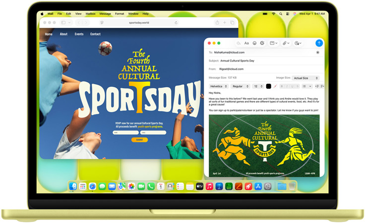 MacBook Neo, citrus colour, hands on keyboard, user is composing an email invitation to a sports event, website for the event open alongside