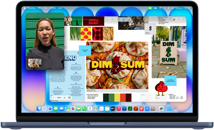 MacBook Neo, indigo colour, video call in progress, Freeform window with a menu, food photography and illustrations for a dim sum restaurant