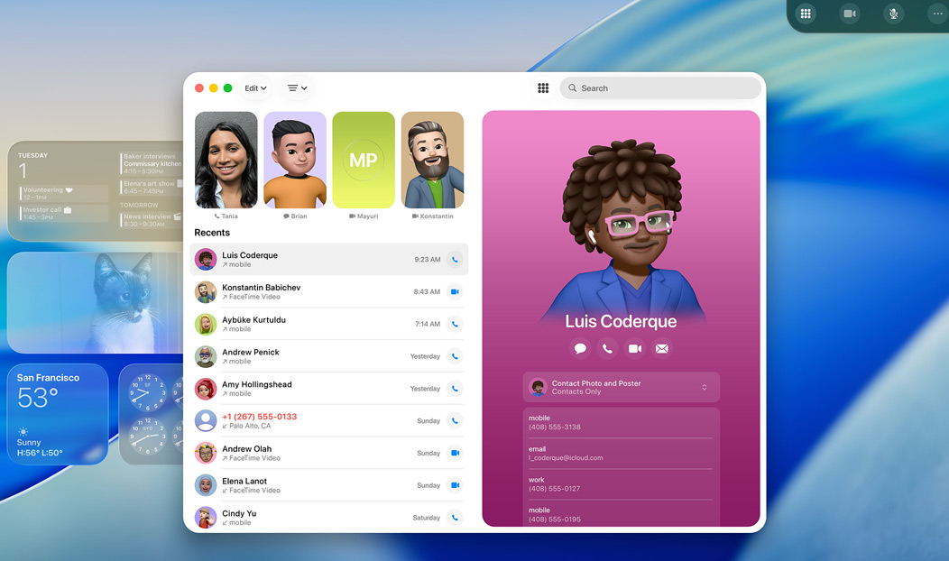 MacBook Pro, Telefoon-app geopend, een contactpersoon die is weergegeven na een recent telefoongesprek