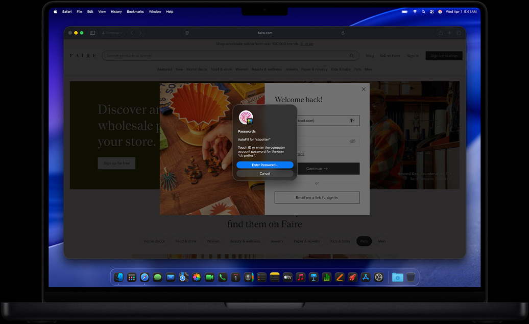Een gebruiker is aan het internetten in Safari en krijgt de optie om zich met Touch ID bij een website aan te melden