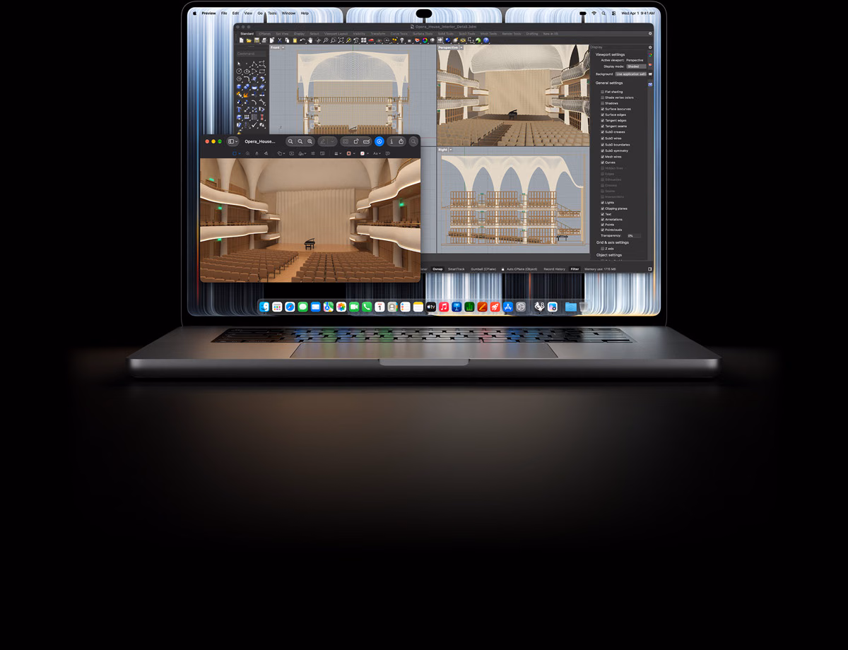 16 Zoll MacBook Pro mit PROLED XDR Display, Farbe Silber, das Display zeigt ein Objekt, das in Rhino modelliert wird