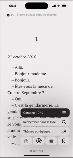 Écran d’iPhone affichant une page de livre dans l’app Livres. Par-dessus la page du livre sont affichées les options d’agrandissement du texte, Rechercher dans le livre, et Thèmes et réglages