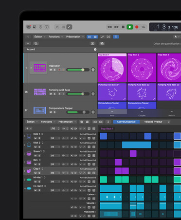 Écran du MacBook Pro 16, interface de Logic Pro avec le synthé crunchy : fenêtre des ondes sonores du piano de chambre ouverte et instruments et effets à l’arrière-plan