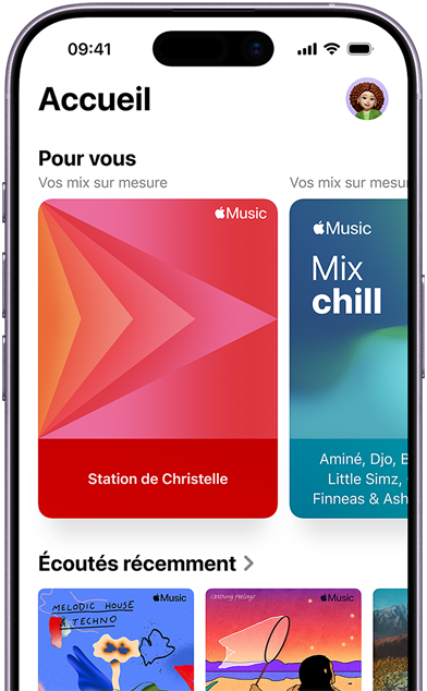 Onglet Accueil d’Apple Music sur iPhone, Catégorie Pour vous montrant les playlists et stations personnalisées de Jenny Court