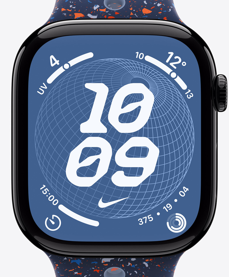 Cadran Nike Globe, heure, logo Nike Swoosh, complications : indice UV, météo, minuteur, anneaux Activité