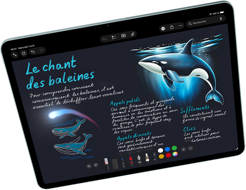 iPad Air en mode paysage présentant Apple Intelligence avec Image Playground, et Keynote, Apple Pencil Pro