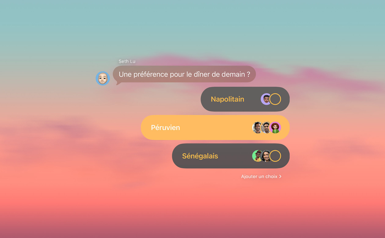 Sondages et arrière-plans dans Messages montrant des personnes qui votent dans le chat de groupe sur ce qu’elles préfèrent manger pour le dîner