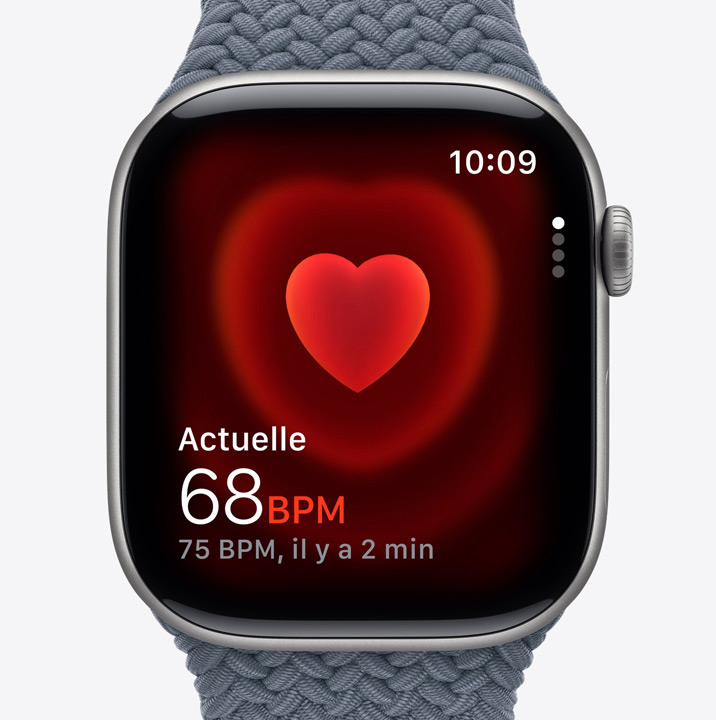 Apple Watch Series 11, boîtier en aluminium, couleur gris sidéral, app Fréquence cardiaque, fréquence actuelle des battements par minute