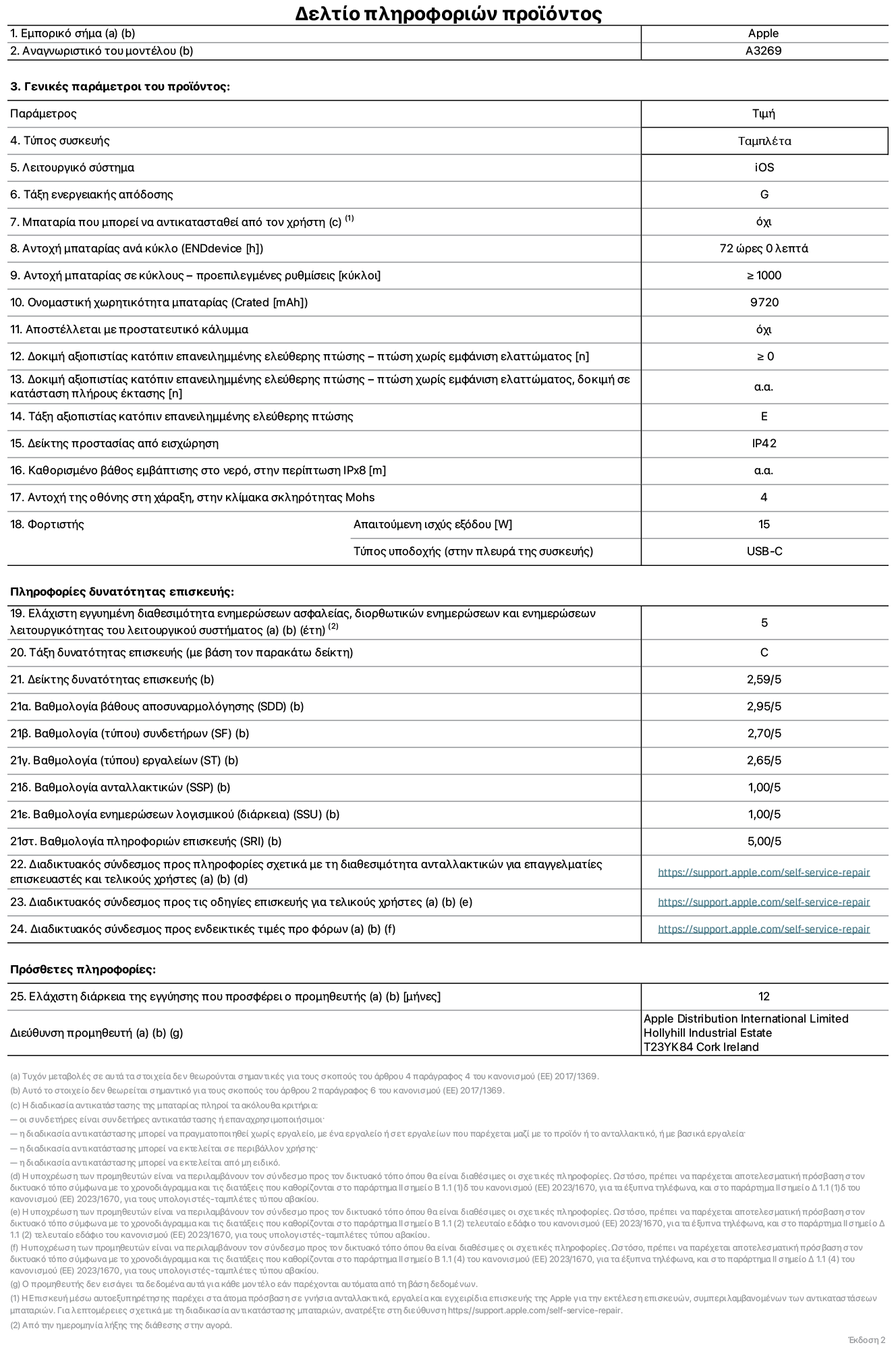 Φύλλο πληροφοριών προϊόντος για το iPad Air Wi-Fi + Cellular 13 ιντσών. Μοντέλο A3269. Παρέχεται από την Apple UK Ltd, 100 New Bridge Street, London EC4V 6JA. Τύπος συσκευής: τάμπλετ. Λειτουργικό σύστημα: iOS. Τάξη ενεργειακής απόδοσης για τυπικό δυναμικό εύρος: G. Αντοχή μπαταρίας: 72 ώρες. Αντοχή μπαταρίας σε κύκλους: ≥ 1000. Αξιολόγηση χωρητικότητας μπαταρίας: 9720 mAh. Δοκιμή αξιοπιστίας κατόπιν επανειλημμένης ελεύθερης πτώσης, πτώσεις χωρίς βλάβη: ≥ 0. Τάξη αξιοπιστίας κατόπιν επανειλημμένης ελεύθερης πτώσης: E. Αξιολόγηση προστασίας από εισχώρηση: IP42. Ανθεκτικότητα οθόνης στις γρατζουνιές στην κλίμακα σκληρότητας Mohs: 4. Απαιτούμενη ισχύς εξόδου φορτιστή: 15 W. Τύπος υποδοχής ηλεκτρικού ρεύματος φορτιστή: USB-C. Ελάχιστη εγγυημένη διαθεσιμότητα ενημερώσεων ασφαλείας, διορθωτικών ενημερώσεων και ενημερώσεων λειτουργικότητας λειτουργικού συστήματος: 5 έτη. Τάξη επιδιορθωσιμότητας: C. Δείκτης επιδιορθωσιμότητας: 2,59/5. Βαθμολογία βάθους αποσυναρμολόγησης: 2,95/5. Βαθμολογία (τύπου) συνδετήρων: 2,70/5. Βαθμολογία εργαλείων: 2,65/5. Βαθμολογία ανταλλακτικών: 1,00/5. Βαθμολογία ενημερώσεων λογισμικού: 1,00/5. Βαθμολογία πληροφοριών επιδιόρθωσης: 5,00/5. Διαδικτυακός σύνδεσμος με πληροφορίες για τη διαθεσιμότητα ανταλλακτικών για επαγγελματίες τεχνικούς και τελικούς χρήστες: https://support.apple.com/self-service-repair. Διαδικτυακός σύνδεσμος με πληροφορίες επιδιόρθωσης για τελικούς χρήστες: https://support.apple.com/self-service-repair. Διαδικτυακός σύνδεσμος με ενδεικτικές τιμές προ φόρου: https://support.apple.com/self-service-repair. Προσφέρεται 12μηνη γενική εγγύηση.