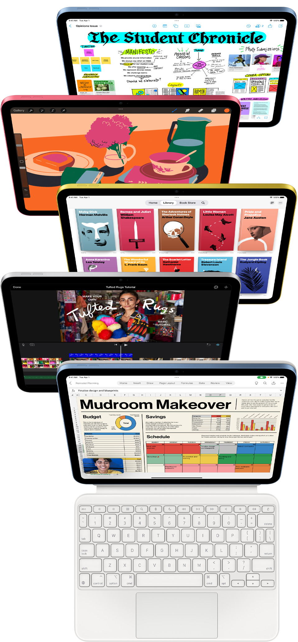 Οθόνες iPad στις οποίες εμφανίζεται μια πληθώρα από apps συμπεριλαμβανομένων των Freeform, ProCreate, Apple Books, iMovie και Excel με Webex Meetings.