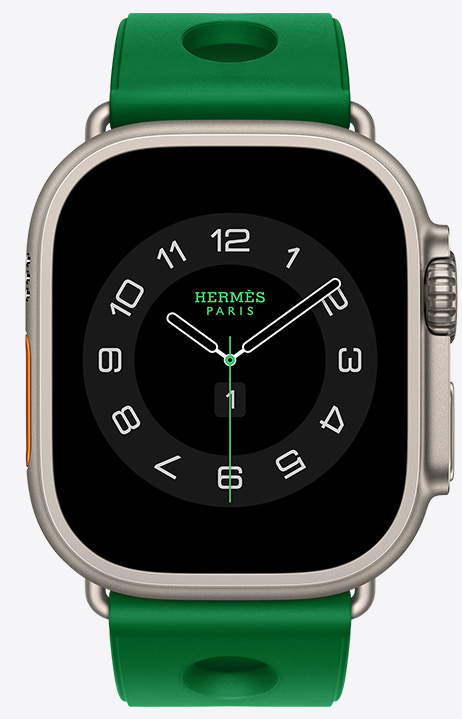 Apple Watch Hermès Ultra 4，Circulaire 指針錶面展示 (小時、分鐘和秒針，複雜功能包括：天氣、健身記錄圓圈、巴黎時間及紫外線指數)、原色鈦金屬錶殼，配搭 Vert Vertigo 草綠色 (鮮綠色) Scub'H Diving 錶帶，採用模造橡膠物料，錶帶中間有舷窗式圓孔，機身右側有數碼錶冠和凸起的側邊按鈕