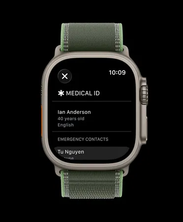 Apple Watch Ultra 3, natural color, titanium case, medical ID screen, Trail Loop, green/neon color
