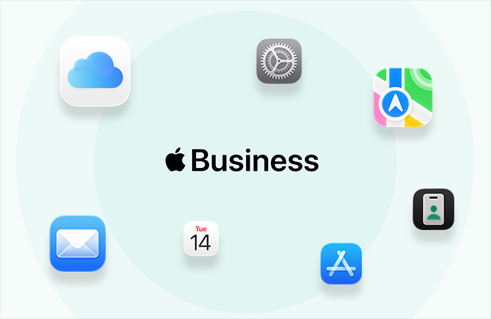 Apple Business, surrounded by app icons: iCloud, Maps, AppleCare, Mail, Calendar, App Store, Apple Business app